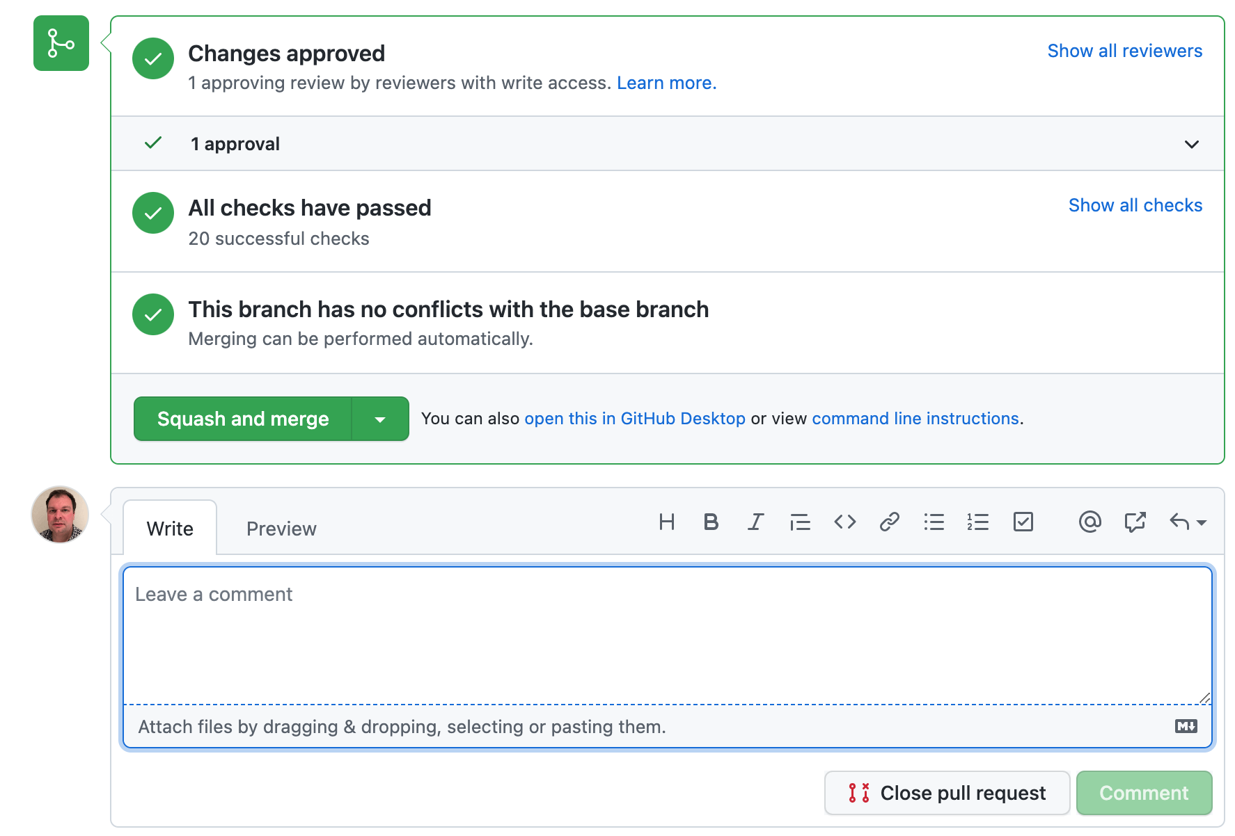 Bottom of a pull request showing the Squash and Merge button.