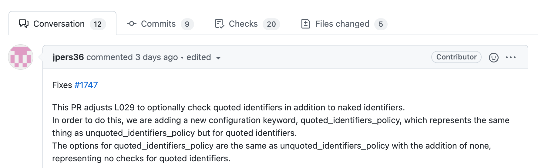 Screenshot of an example pull request on GitHub.